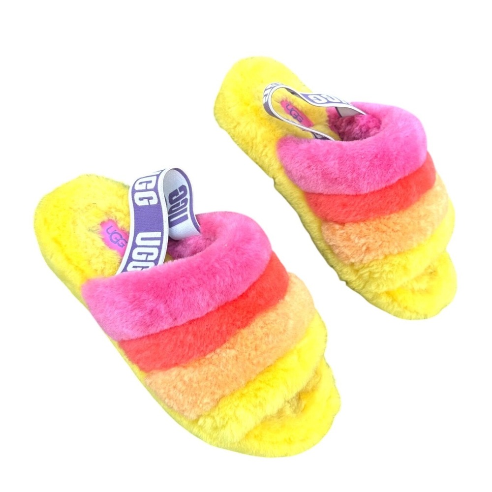 UGG‎ Fluff Yeah Pride Rainbow Slide Slippers Women's Size 7 Pink Orange Yellow